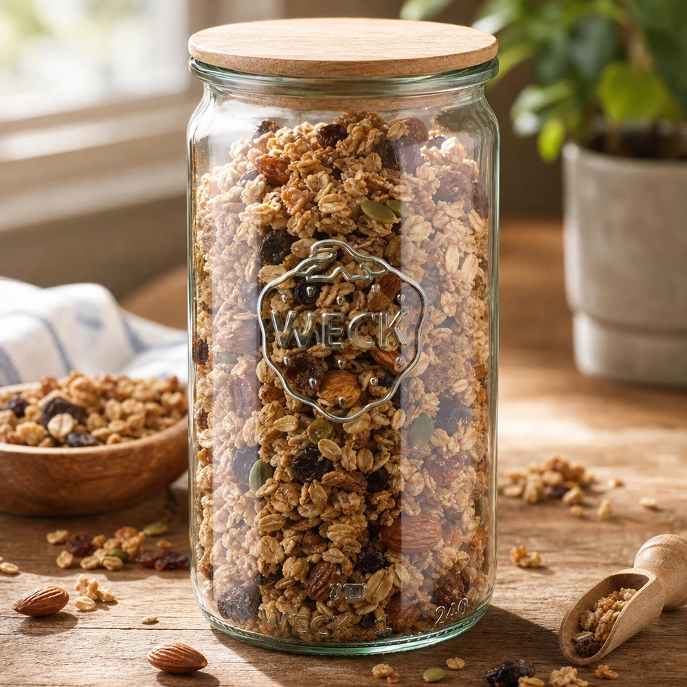 WECK cylinderburk 340ml RR60 fylld med müsli och nötter som förvaringsburk med trälock på köksbänken
