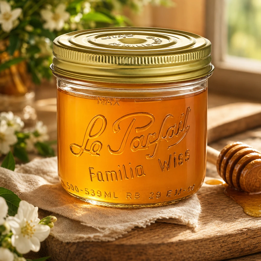Le Parfait® Familia Wiss 500 g Ø100 mm burk 539 ml Familia Wiss-glas med gyllene lock fyllda med honung på ett träbord med honungssked och blommor