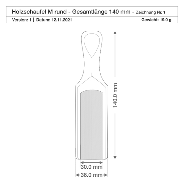 Träspade storlek M halvrund form - 140 mm lång Teknisk ritning av träspade M med måtten 140 mm längd och 36 mm bredd inklusive viktspecifikation