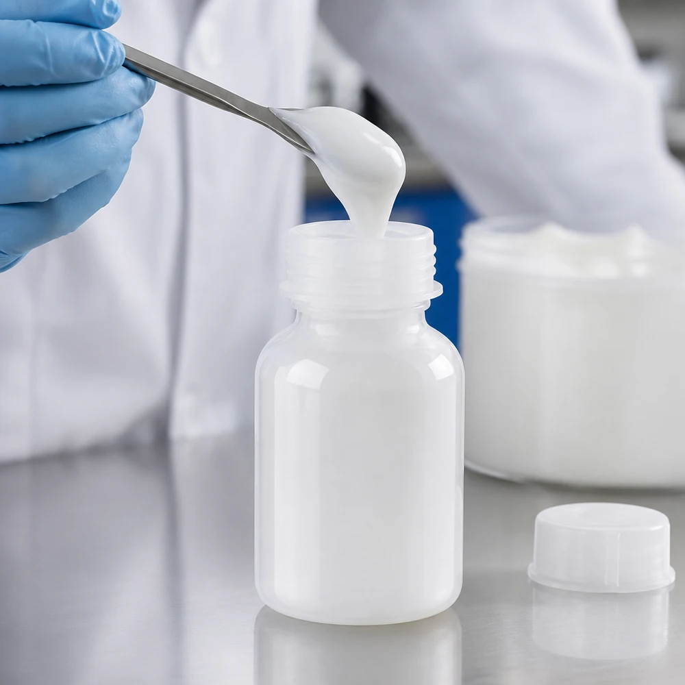 En laboratorietekniker fyller en vit kräm med en spatel i en 100 ml laboratorieflaska av plast med vid hals