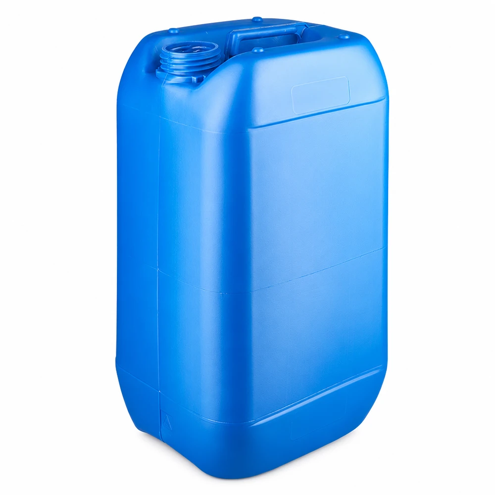 Blå plastdunk på 15 liter utan lock, tillverkad av HDPE, för säker förvaring av vätskor