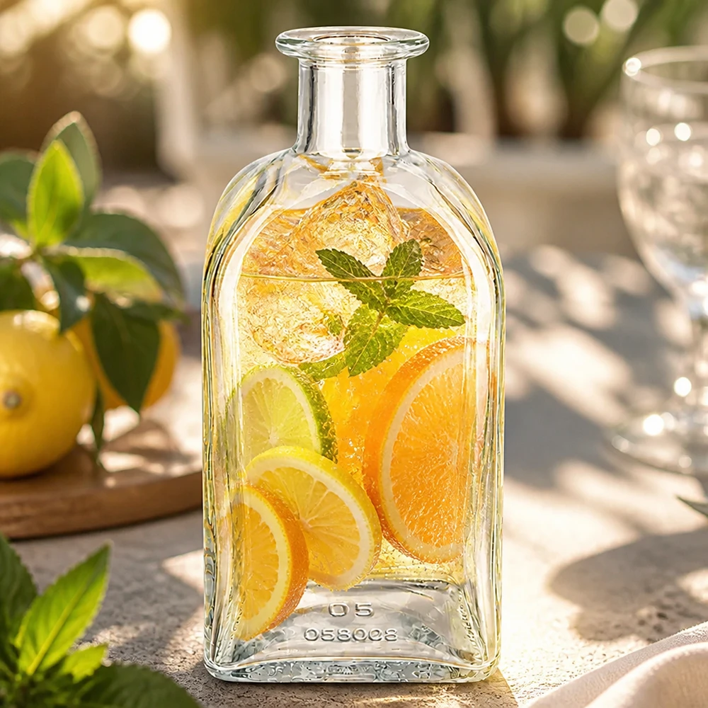 500 ml apoteksflaska Julia utan lock UNiTWIST® 500 ml Julia glasflaska fylld med citrusfrukter och mynta i en solig trädgårdsmiljö som en uppfriskande drink