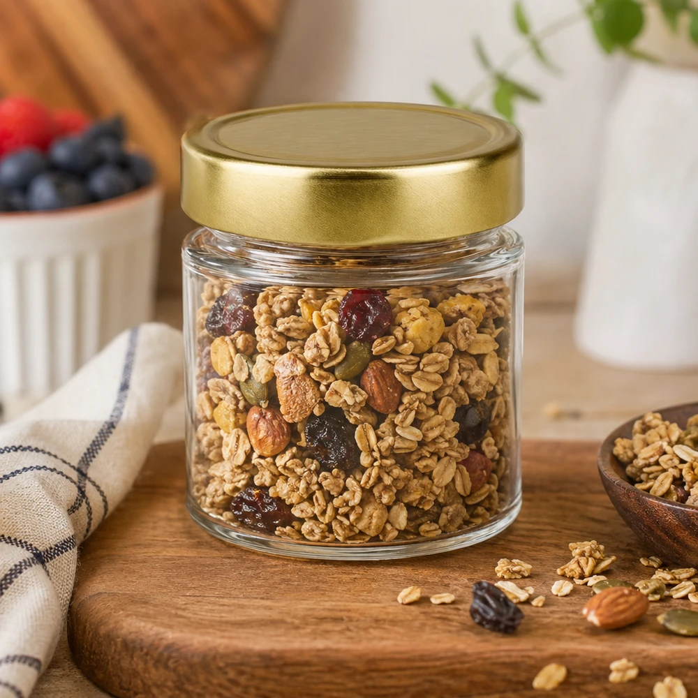 154ml rund burk BasicSeal guld fylld med nötmix valnötter mandlar sultanrussin müsli granola träbord kök
