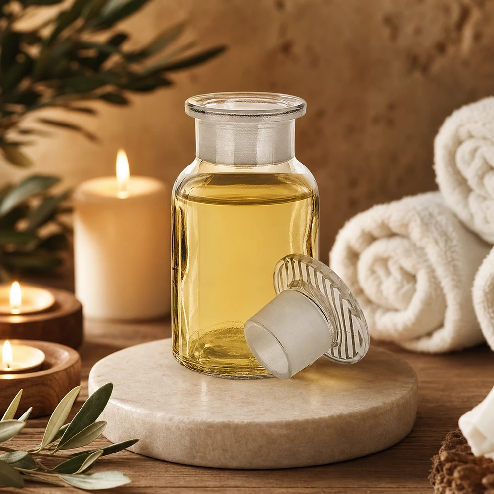Rundskuldrad flaska, 100 ml, klar, med vidhalsad glaspropp för eteriska oljor och massageoljor