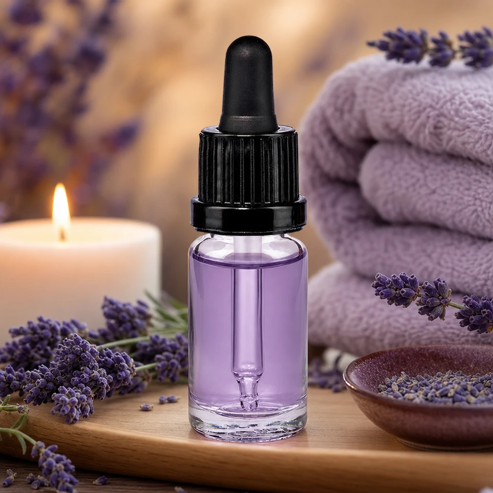 10 ml pipettflaska svart med säkerhetsförslutning ClearLine UT18/10 10 ml pipettflaska med lila lavendelolja, svart OV-droppare och ett ljus i spa-miljö