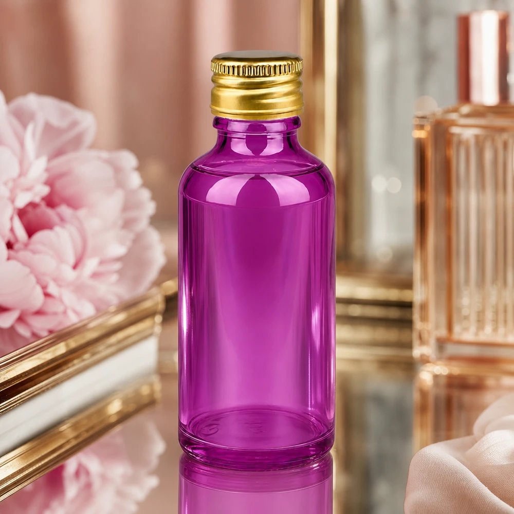 50ml flaska 11mm skruvkork aluminium guld standard PurpleLine. UT18/50 Elegant 50 ml flaska med UT18/50-gänga och guldlock i aluminium för lyxig produktpresentation