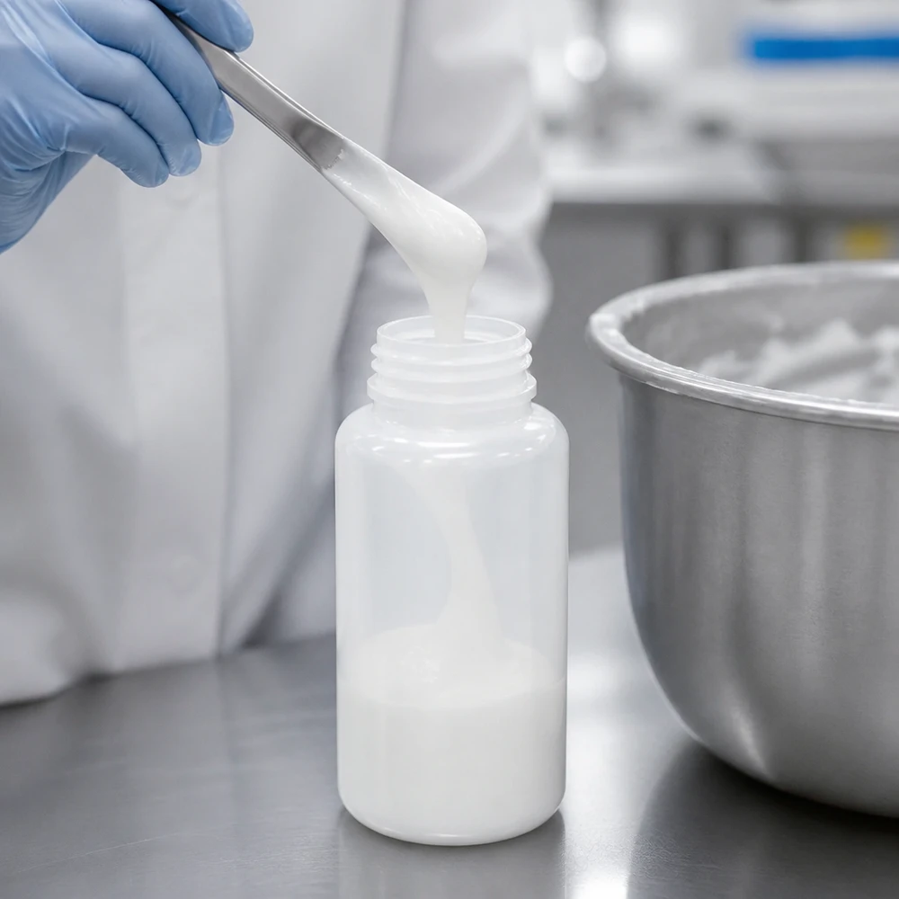 1000ml laboratorieflaska med bred hals utan lock Vitmjölkfärgad 1000 ml laboratorieflaska med vid hals vid påfyllning av krämig substans genom laboratoriehandskar