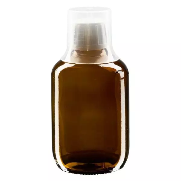 200 ml medicinflaska brun, säkerhetslock med doseringsbägare 30 ml ApoGlas