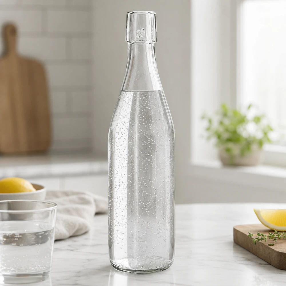 500 ml UNiTWIST-glasflaska fylld med kolsyrat vatten på marmorbänk i modernt vitt kök med citron