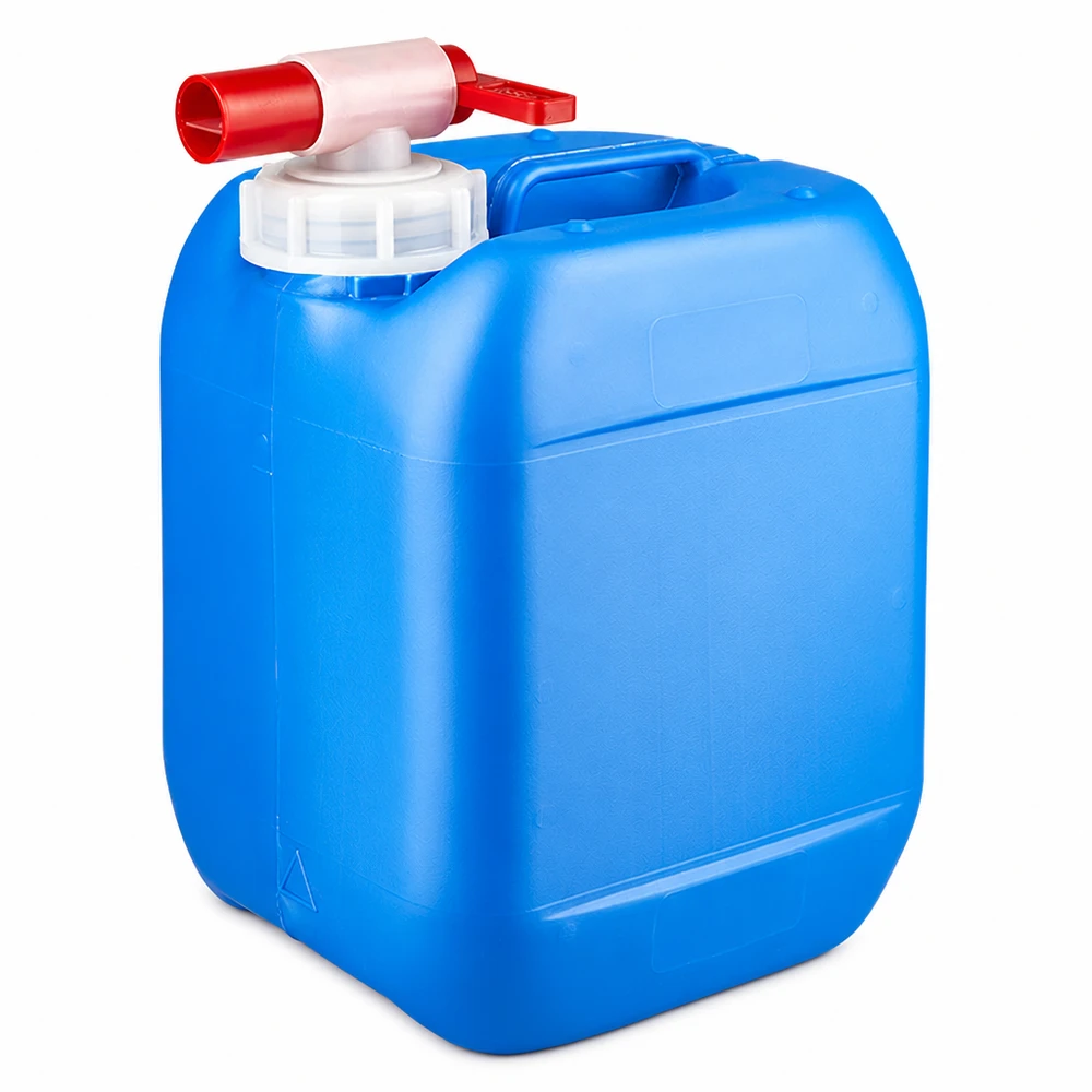 Dunk 5 liter blå med avtappningskran Blå 5-liters plastdunk med röd utloppskran och vitt skruvlock