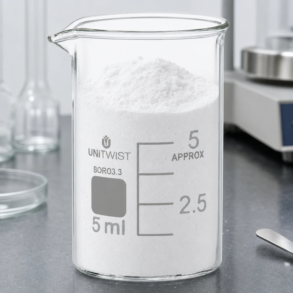 Vitt pulver i ett UNiTWIST-bägarglas (5 ml, borosilikatglas, låg profil) på en grå laboratorieyta