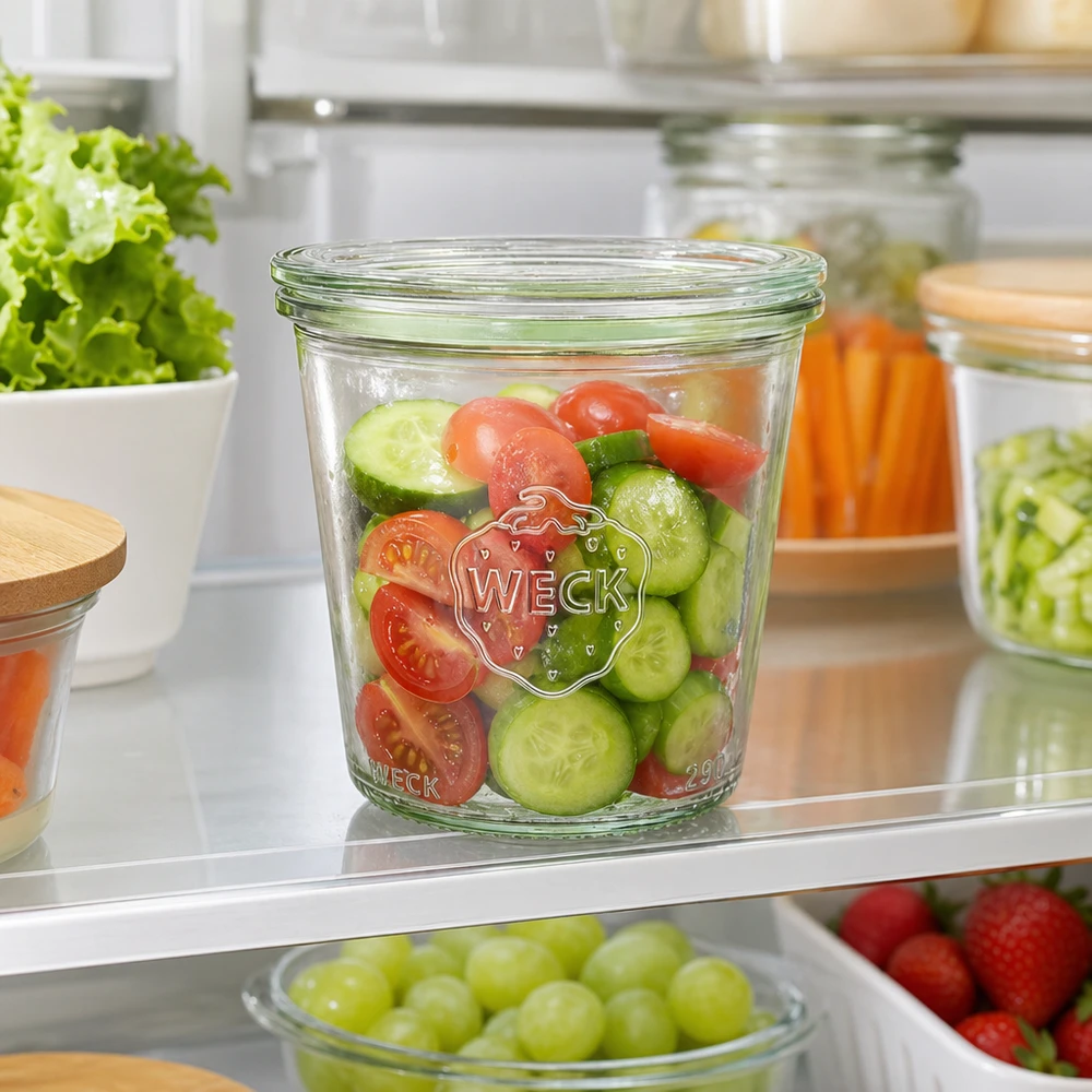 290ml Krossade glasögon med glaslock WECK RR80 WECK tumlare 290ml RR80 i kylen fylld med färsk gurk- och tomatsallad som en praktisk lösning för att förbereda måltider