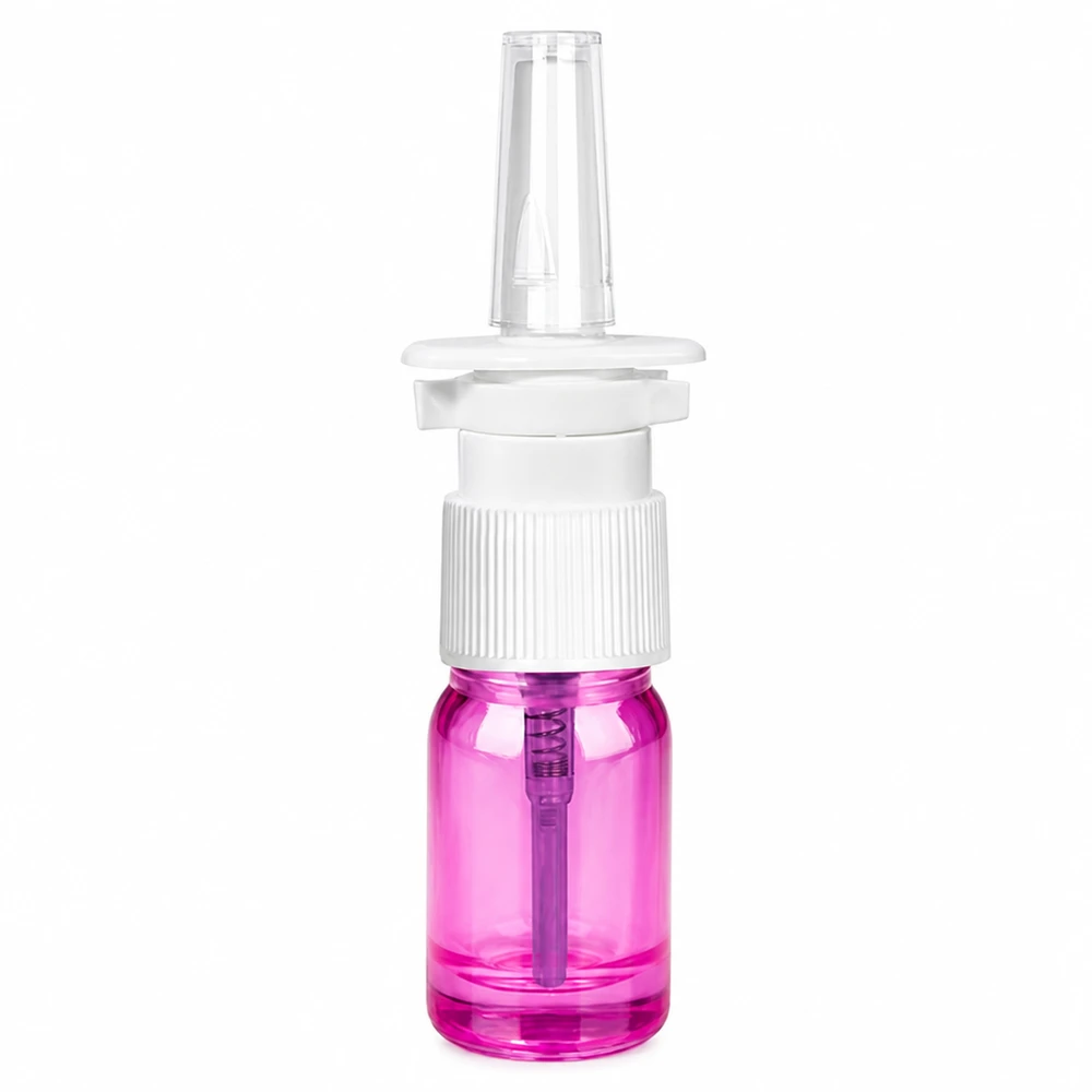 5 ml nässprayflaska av transparent plast med lila flaskkropp och vitt sprayhuvud