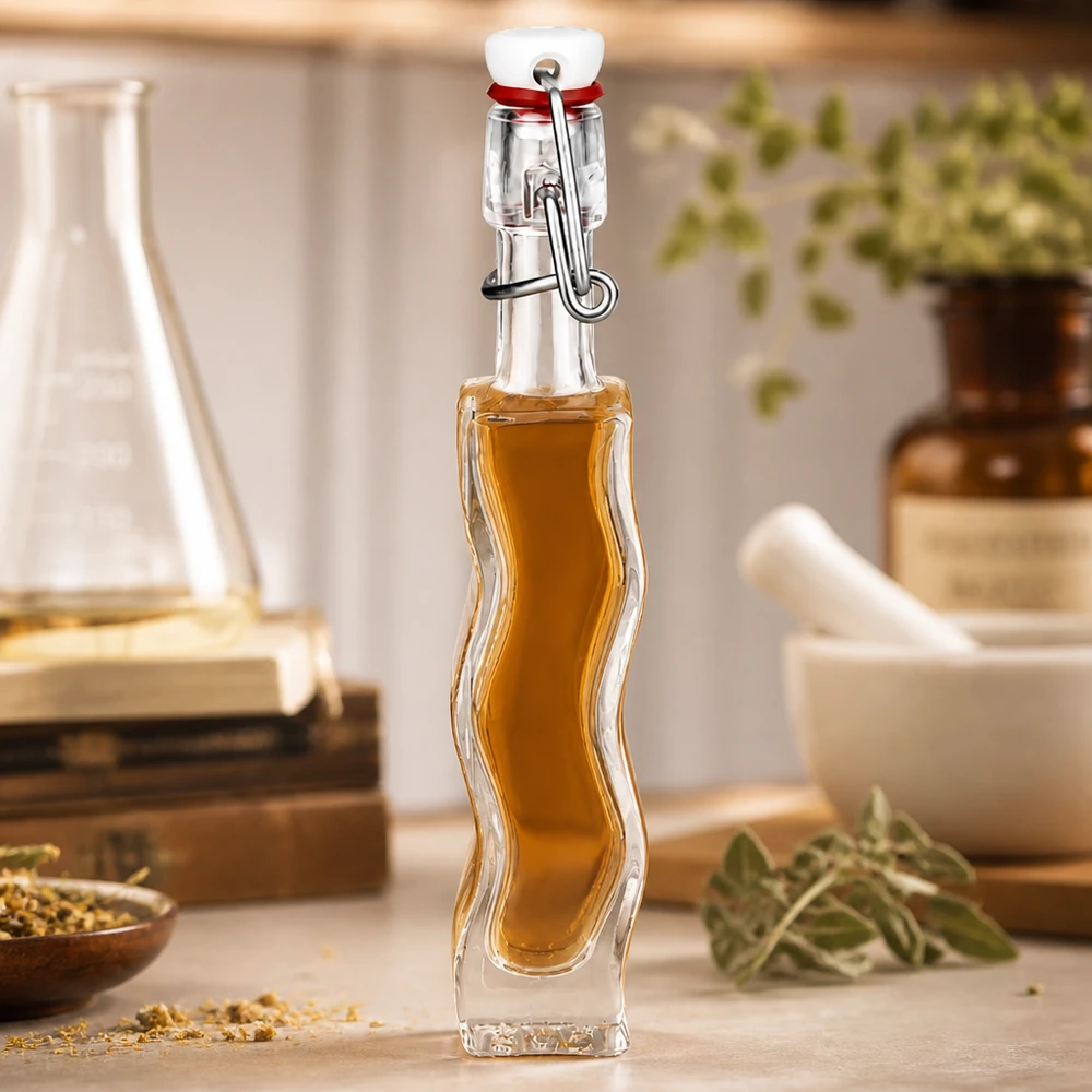 40 ml Glasflaska Fila med PVC-klämförslutning UNiTWIST® 40 ml glasflaska Anna fylld med honungsfärgad vätska i ett rustikt kök med örter och glasföremål