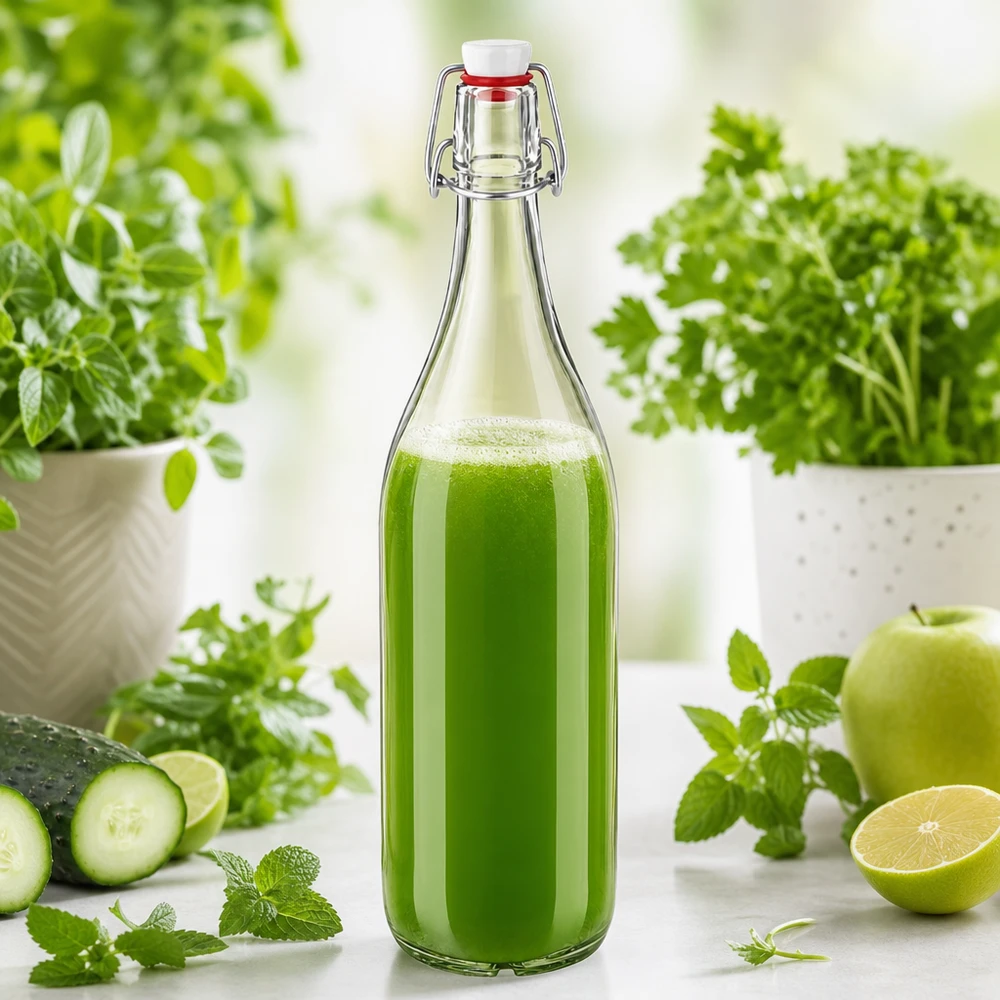 1000 ml glasflaska + svängbar topp PVC UNiTWIST 1000 ml glasflaska med PVC-gungtopp fylld med grön smoothie omgiven av färska örter och grönsaker
