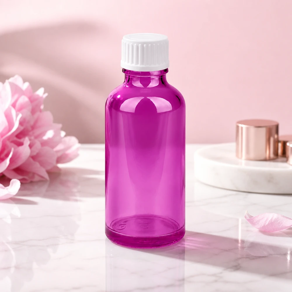 50ml (globule) flaska 3mm hällring vit Standard PurpleLine. UT18/50 Högkvalitativ 50 ml glasflaska med 18 mm gänga i transparent lila för kosmetiska applikationer