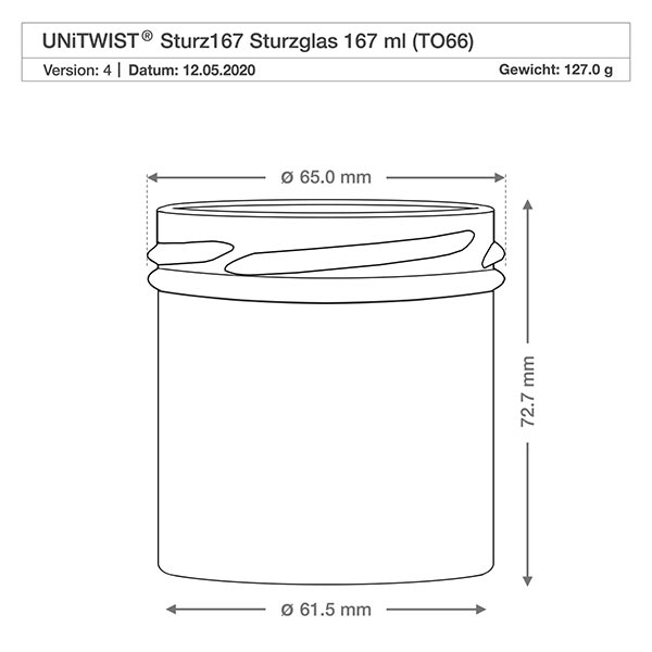 167ml Krossade glasögon utan lock (TO66) UNiTWIST UNiTWIST Sturz167 Sturzglas 167ml TO66 teknisk ritning med mått diameter 65mm höjd 72,7mm vikt 127g