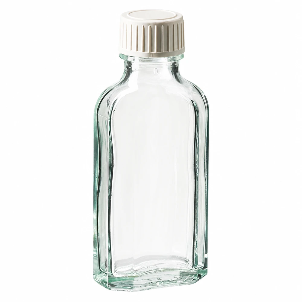 50 ml Meplat-glasflaska, klar, med vitt skruvlock och insats av PE-skum