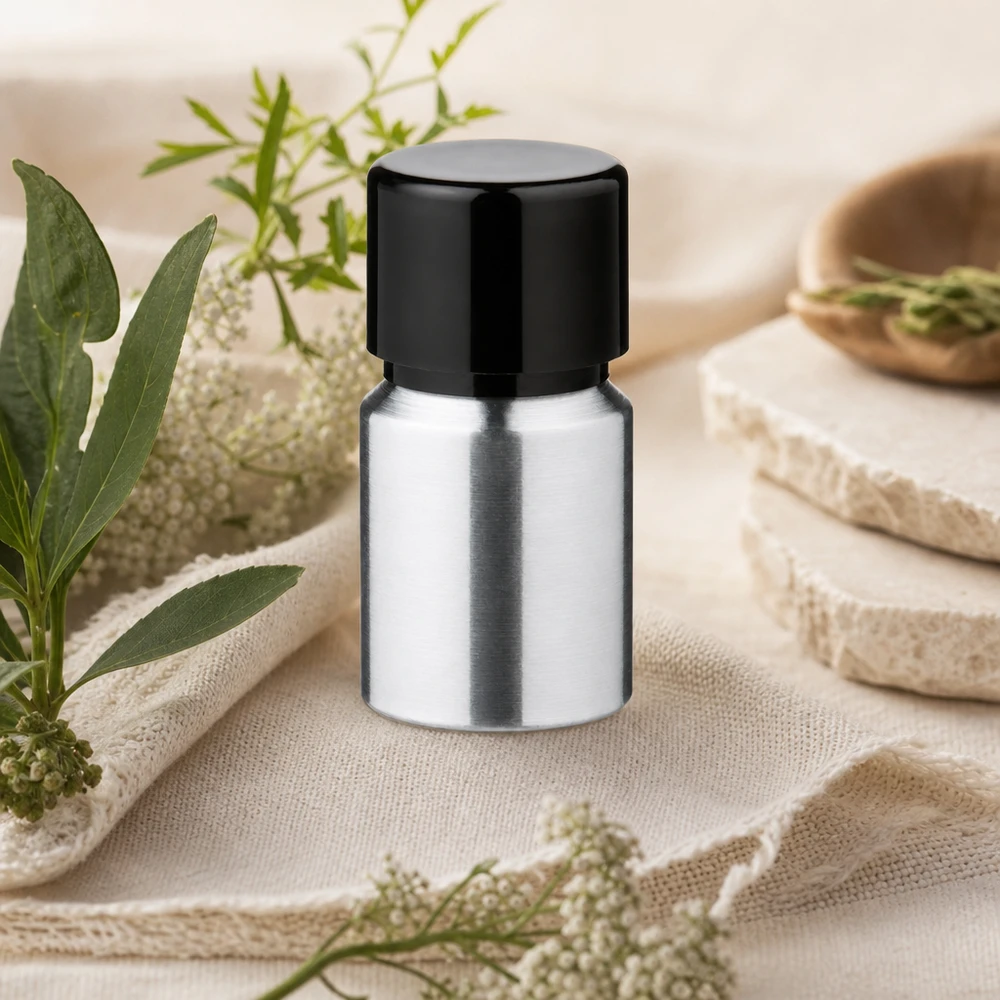 10 ml aluminiumflaska med satinfinish och svart skruvlock för mobila applikationer