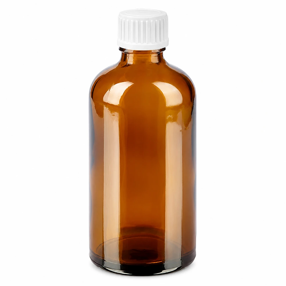 100ml Droppflaska 0,9mm vit standardförslutning BrownLine UT18/100 100 ml droppflaska i bärnstensfärgat glas med vitt lock för exakt dosering