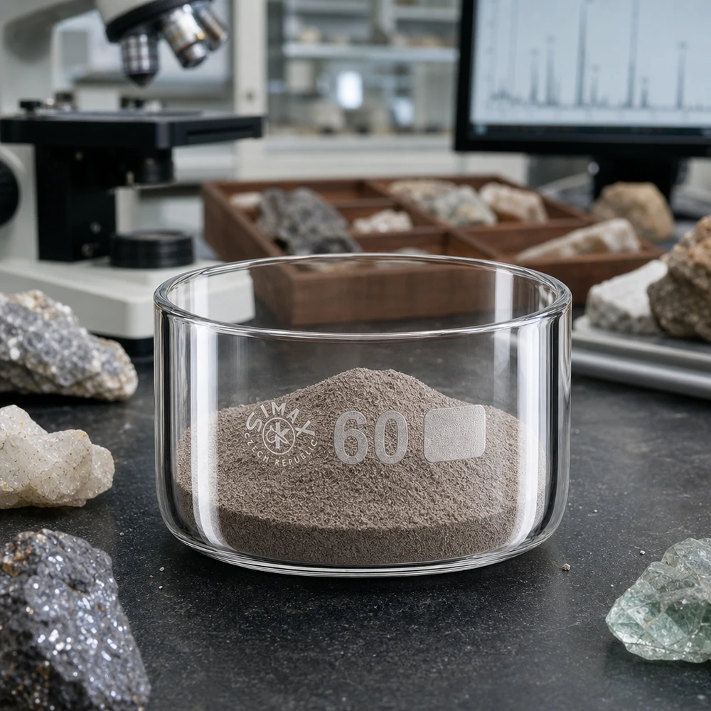 60ml kristalliseringsskål utan pip borosilikat ø60mm Kristallisationsskål på 60 ml med fint mineralpulver på en mörk laboratorieyta, omgiven av stenprover