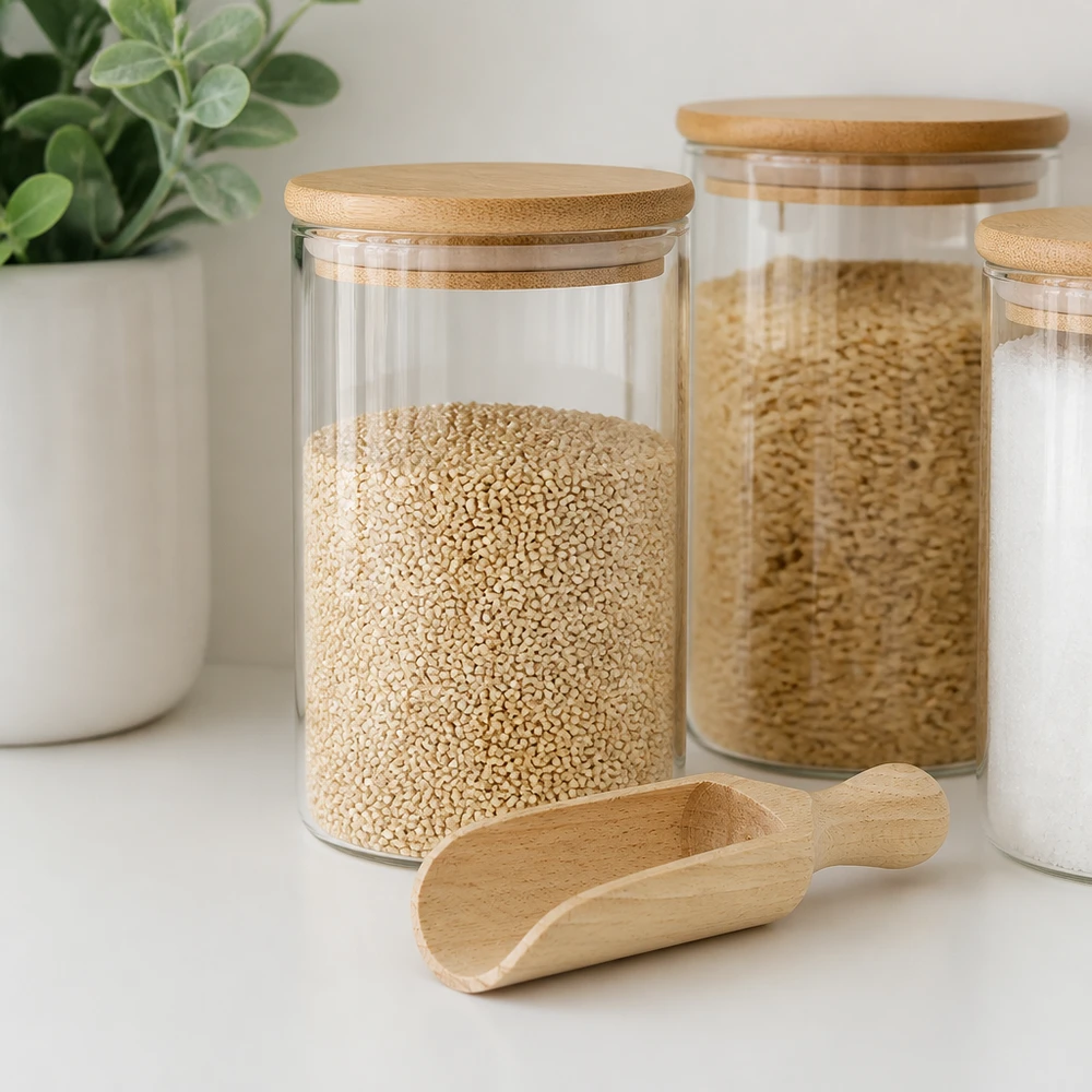 Träspade storlek M halvrund form - 140 mm lång Holzschaufel M 14cm mit Vorratsgläsern und Quinoa in moderner Küche - praktisches Küchenhelfer-Styling