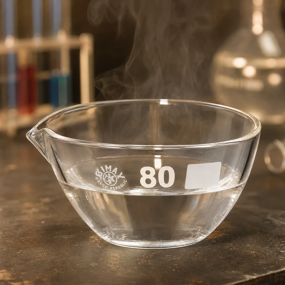 90ml indunstningsskål med pip av borosilikat ø80mm Värmebeständigt indunstningsfat i borosilikat 90 ml med pip för exakta laboratorieapplikationer