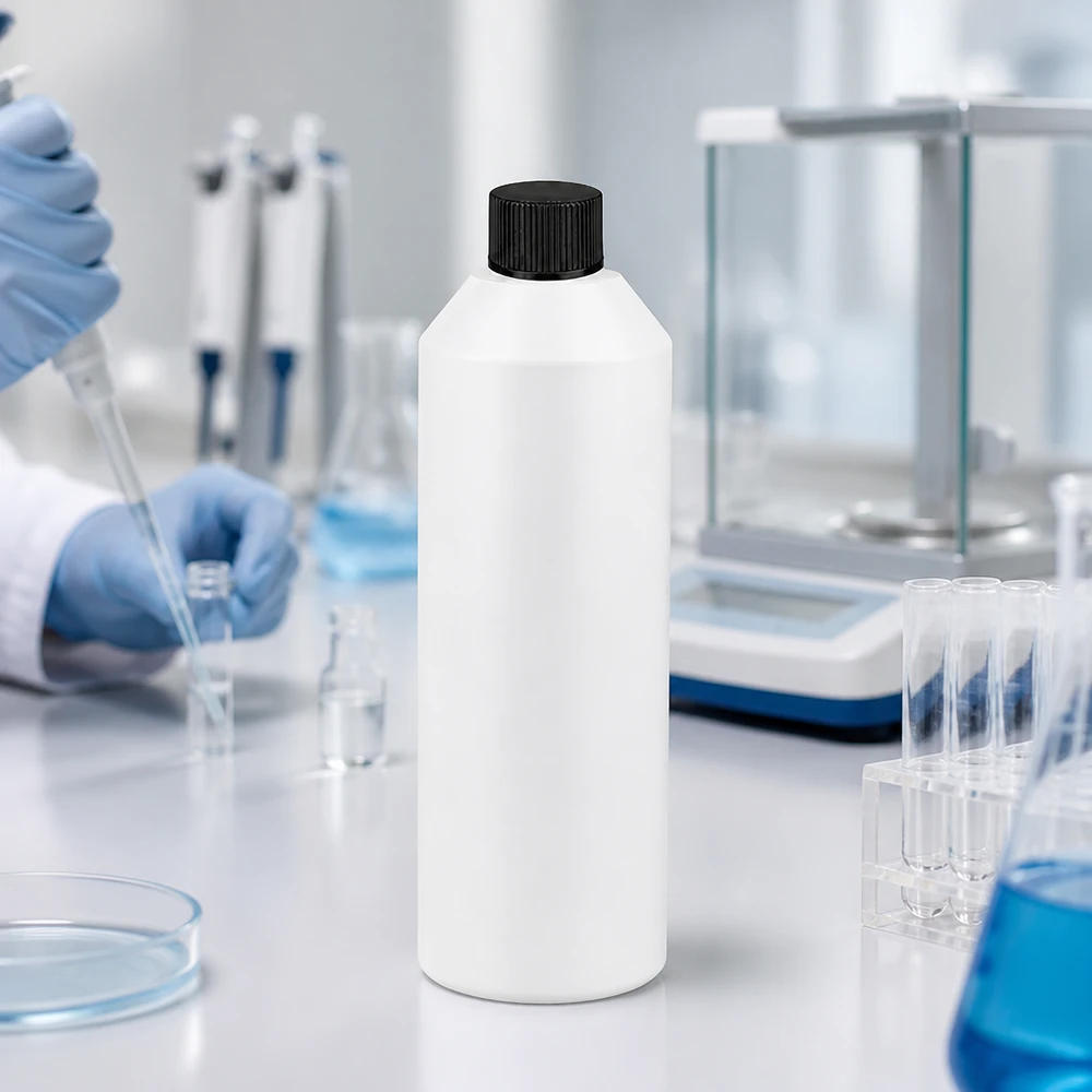 HDPE-apotekflaska, 250 ml, vit med svart säkerhetslock, i laboratoriet