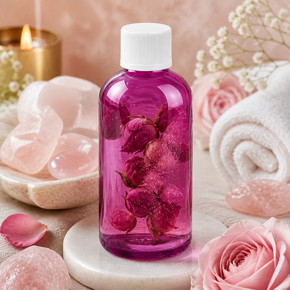 100ml flaska 11mm skruvkork vit standard barnsäker PurpleLine. UT18/100 100 ml kosmetikflaska av högkvalitativ plast i transparent lila med ett robust vitt lock