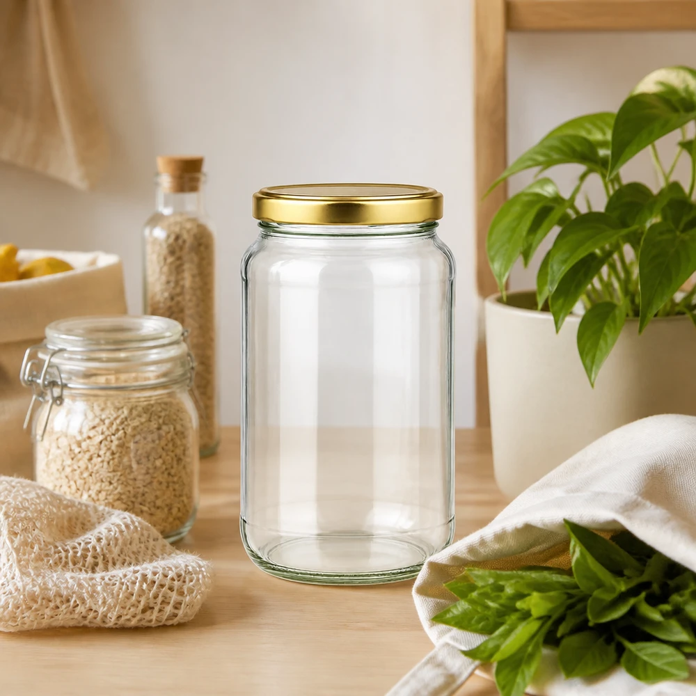 1700ml rund burk med BasicSeal-lock guld UNiTWIST 1700ml Rundglas BasicSeal gold in nachhaltiger Zero-Waste Küche mit Vorratsgläsern und frischen Kräutern