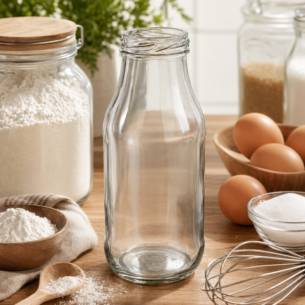 263 ml flaska utan lock (TO43) UNiTWIST Tom UNiTWIST-glasflaska 263ml TO43 på träbord med bakingredienser, mjöl, ägg och köksredskap