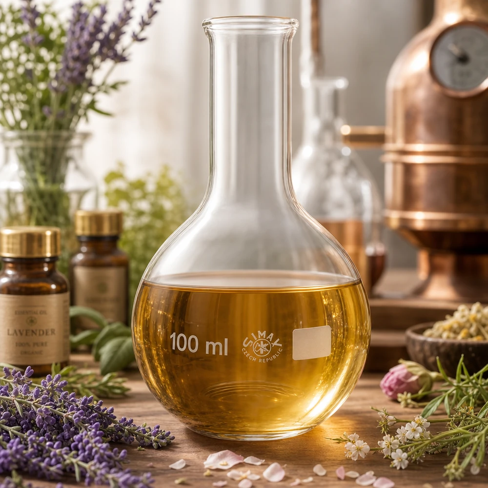 Stående kolv 100ml smal hals Smalhalsad kolv 100ml av transparent glas med guldfärgad vätska i botanisk laboratoriemiljö