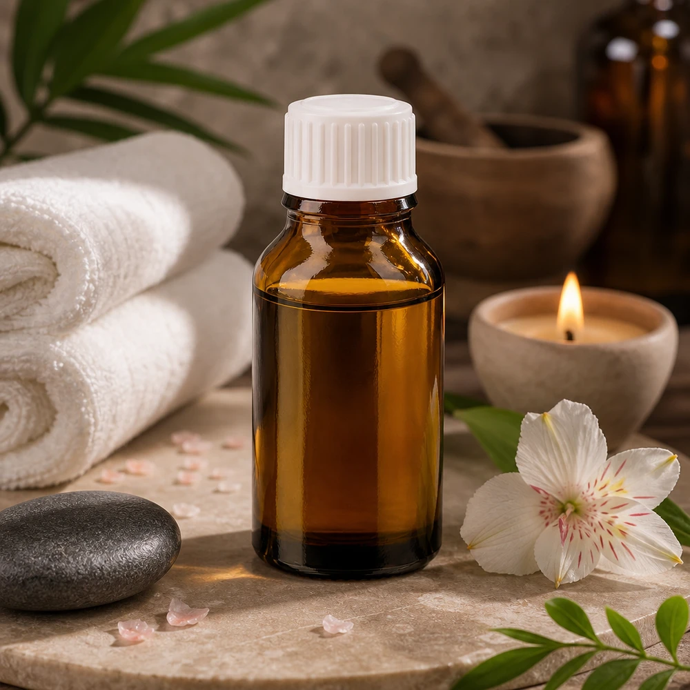 Apoteksflaska brun 30ml skruvkork vit standard Eterisk olja i en brun 30 ml apoteksflaska med vitt lock på en bakgrund av spa-sten