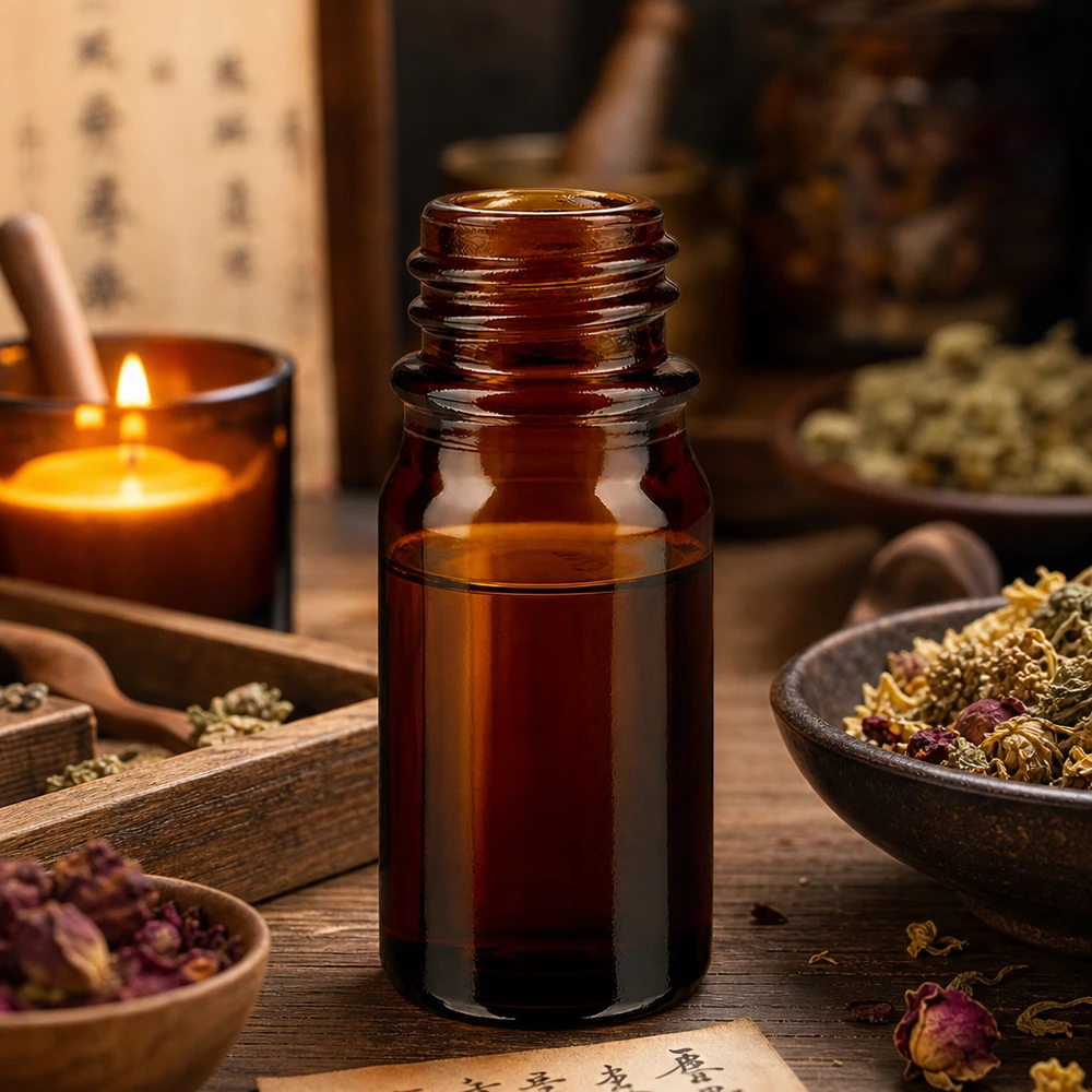 5 ml brun apoteksflaska ApoGlas med kinesiska örttecken och traditionella medicinfunktioner