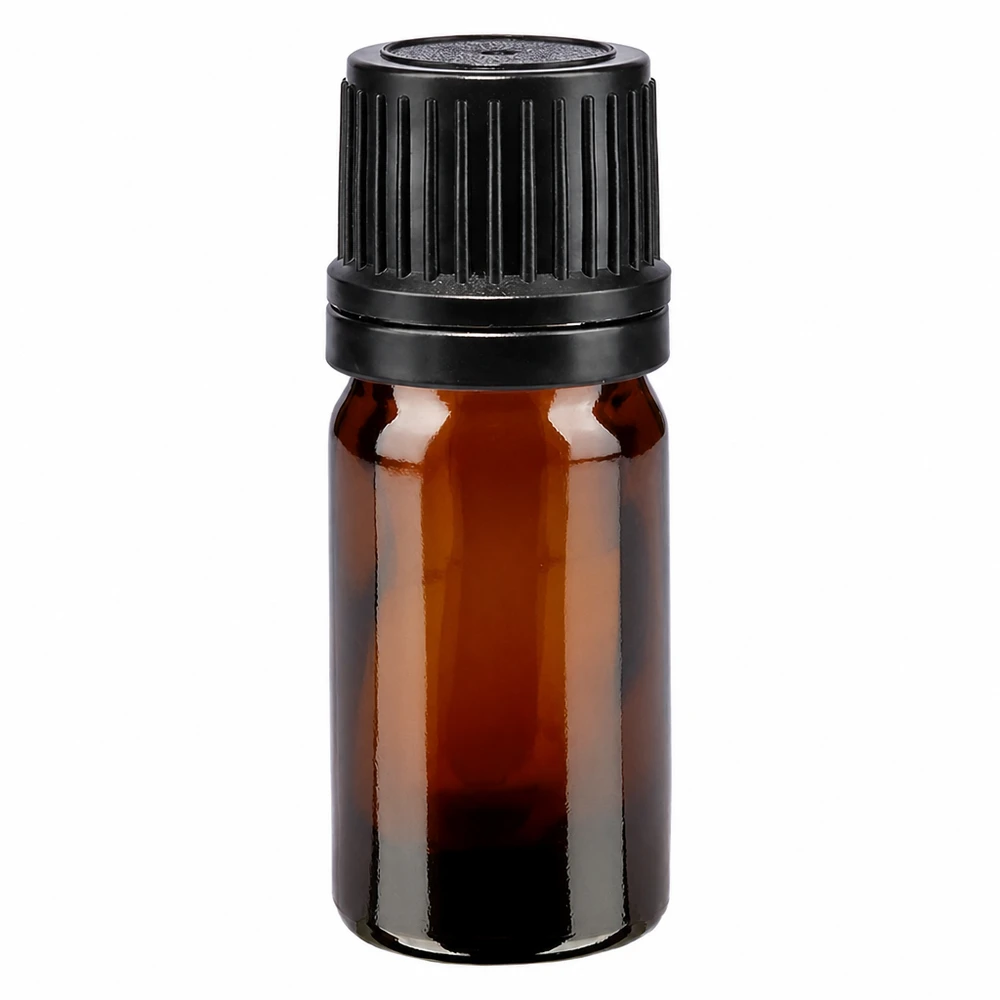 Apoteksflaska brun 5ml skruvkork svart hällring tamper-evident stängning 5 ml brun glasflaska med svart OV-lock, 8 mm, apotekskvalitet