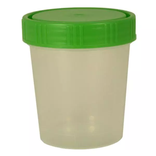 Naturfärgad urinbägare 125ml med grönt skruvlock