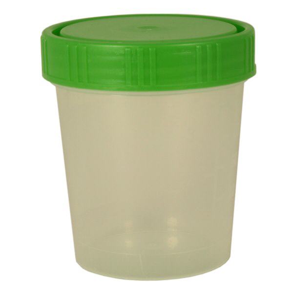 Naturfärgad urinbägare 125ml med grönt skruvlock