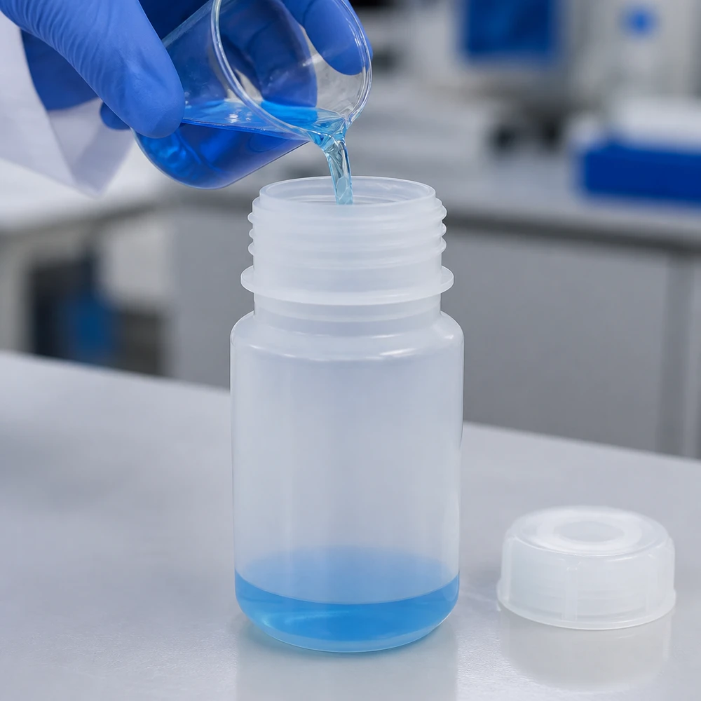 Laboratorieteknikern häller blå vätska i en 50 ml laboratorieflaska med vid hals av genomskinlig plast