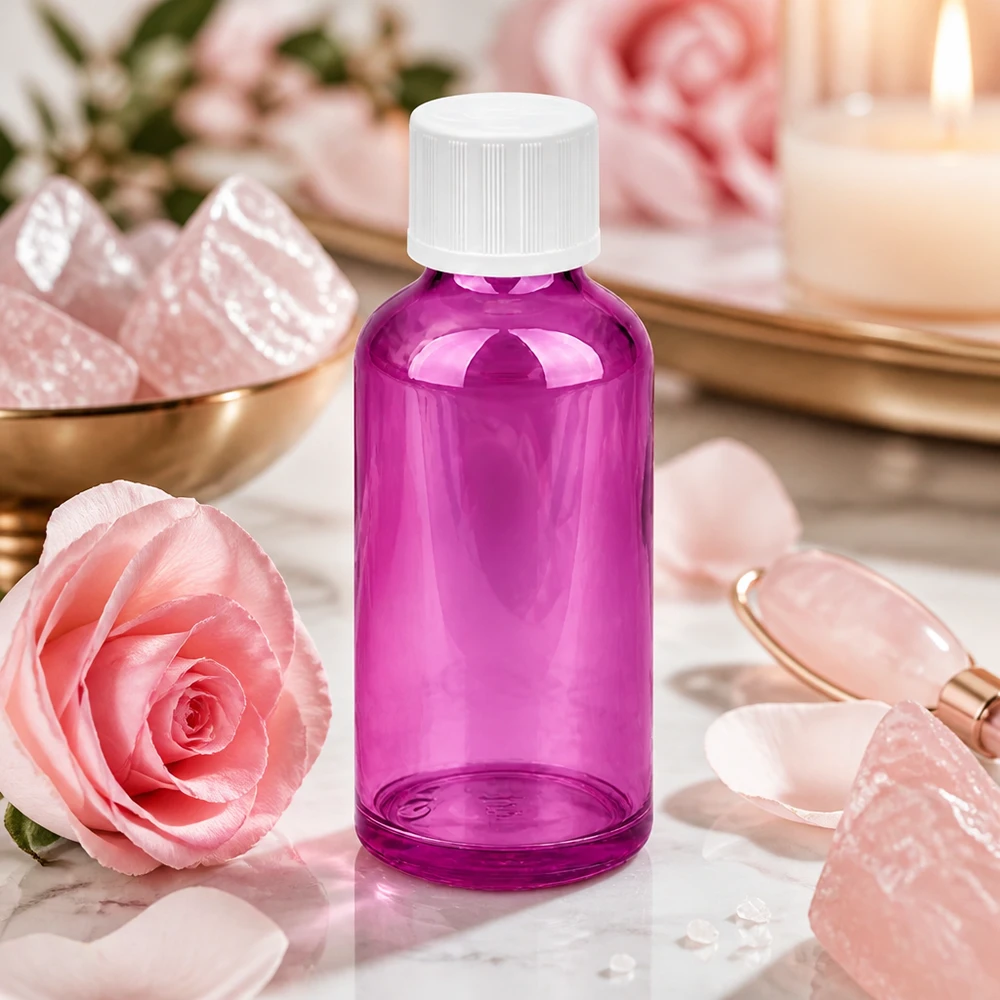 Kompakt 50 ml droppflaska i elegant lila design med barnsäkert lock för hemmabruk
