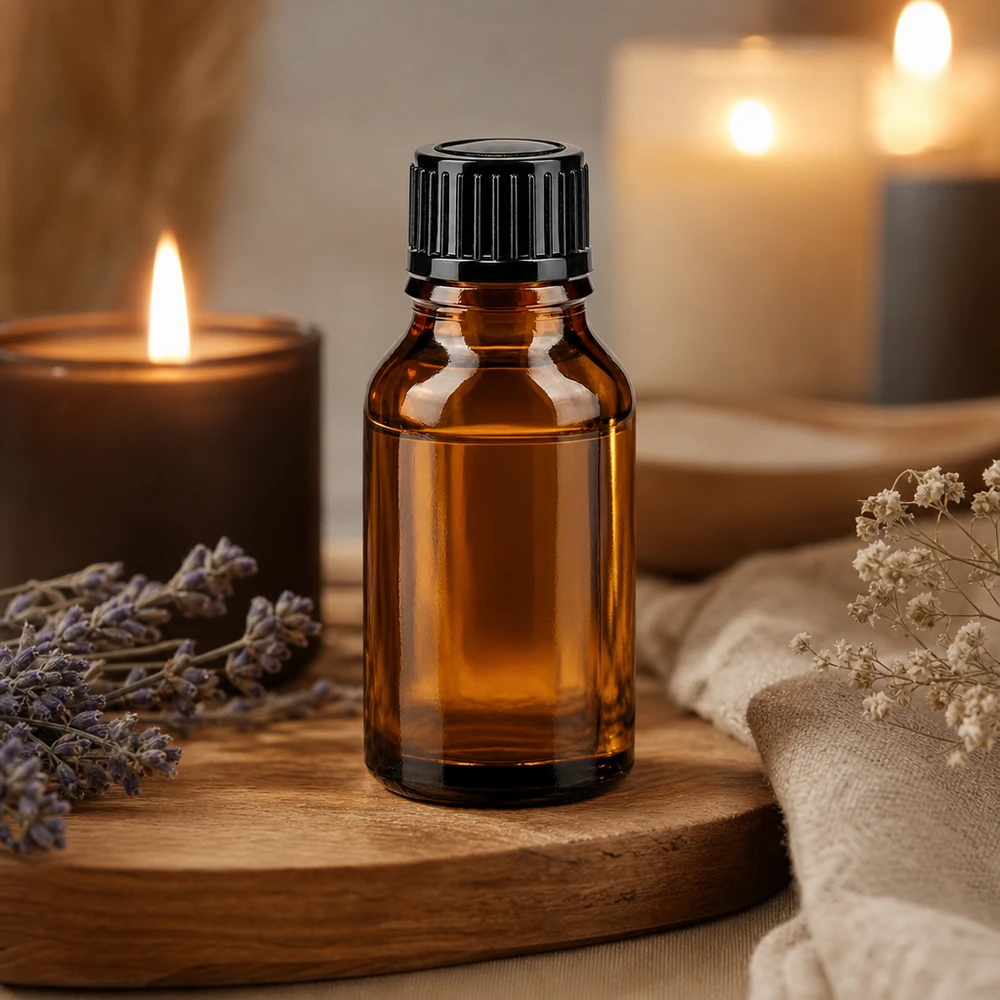 Flaska med eterisk olja, 30 ml, brunt glas, svart lock, med lavendel och ljus – skapar en avslappnande stämning
