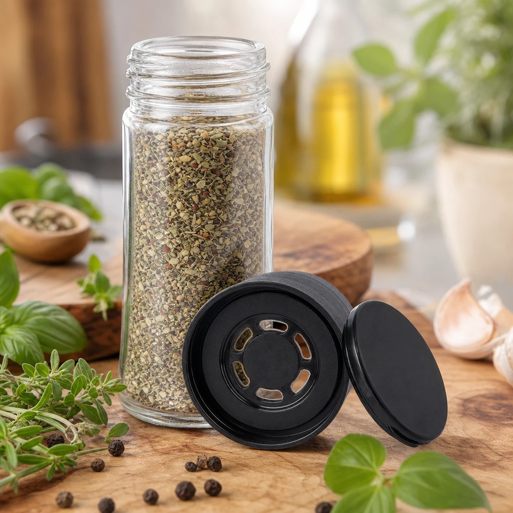 Salt-/kryddburk 95 ml med kvarn (grov) svart Öppet kryddglas, 95 ml, med avtagbart svart kvarnlock på träbricka
