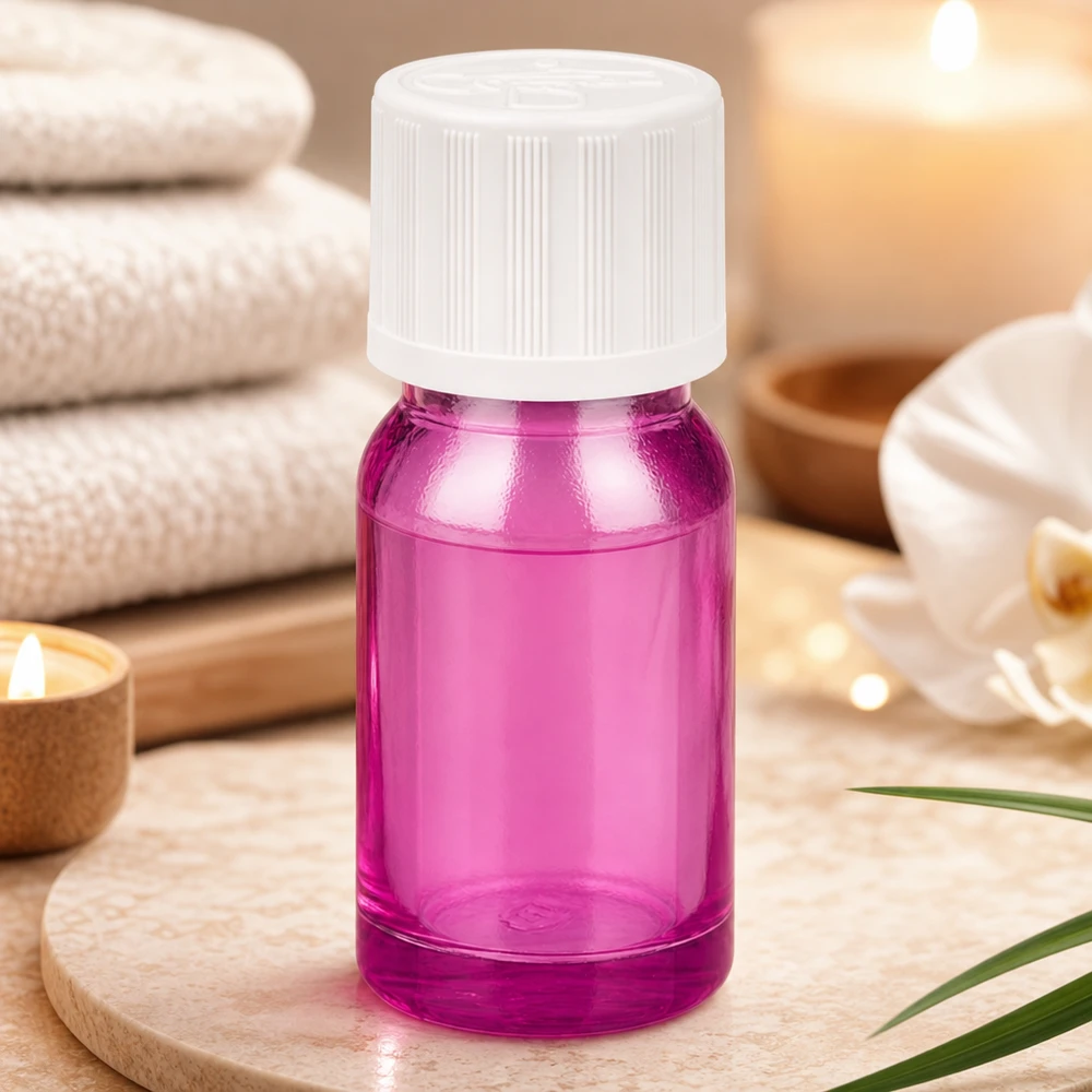 Transparent 10ml droppflaska i plast i magenta med barnsäkert lock UT18/10