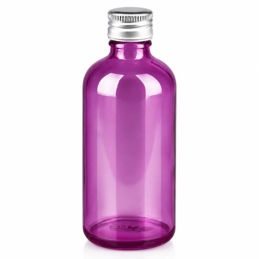 100 ml flaska. 11mm skruvkork aluminium-silver standard PurpleLine. UT18/100 100 ml glasflaska med aluminiumlock i ljuslila för kosmetika och aromaterapi