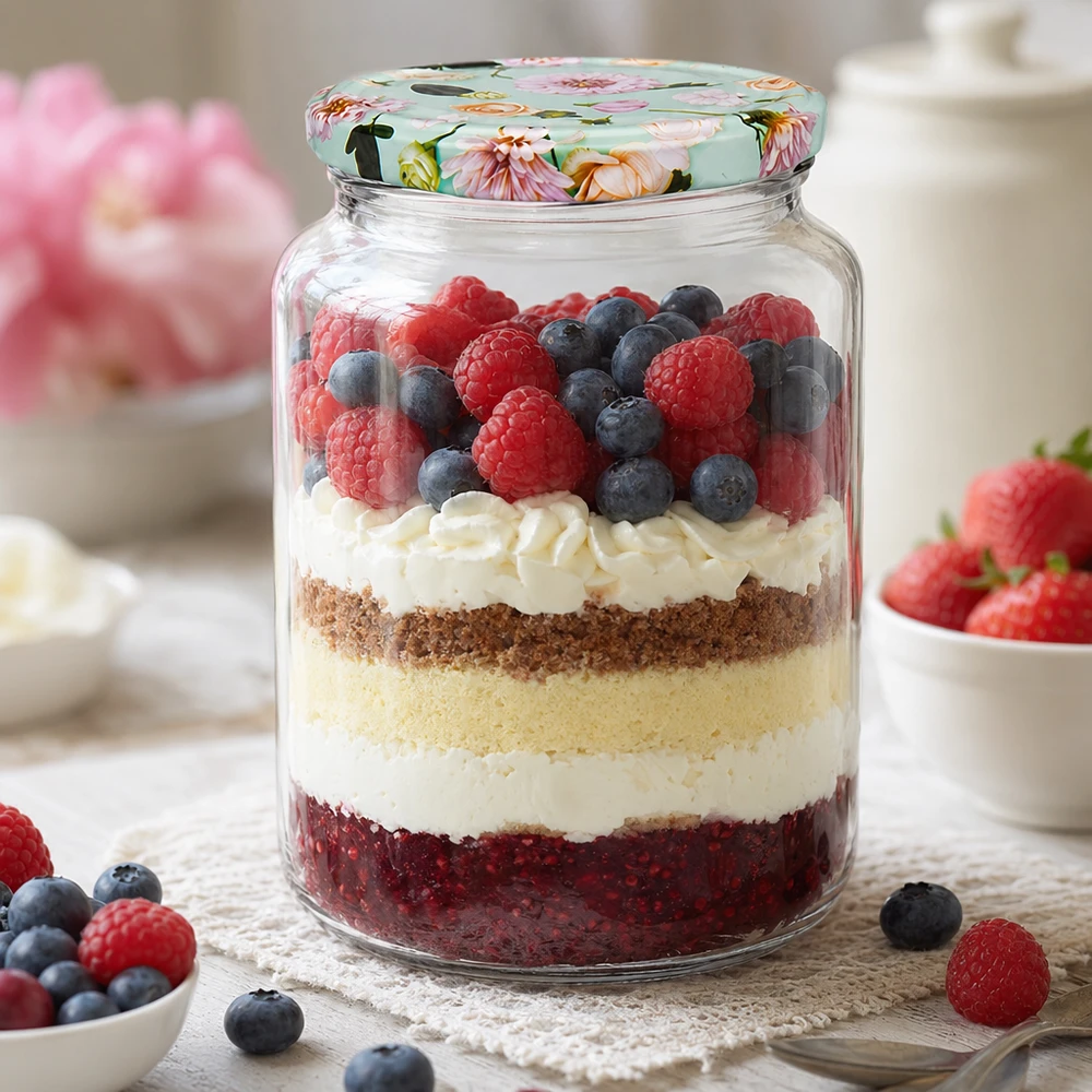 795 ml rund burk + BasicSeal-lock blomma mint UNiTWIST 795 ml runt glas med lock av mintblomma som dessertglas för skiktade desserter med bär och grädde