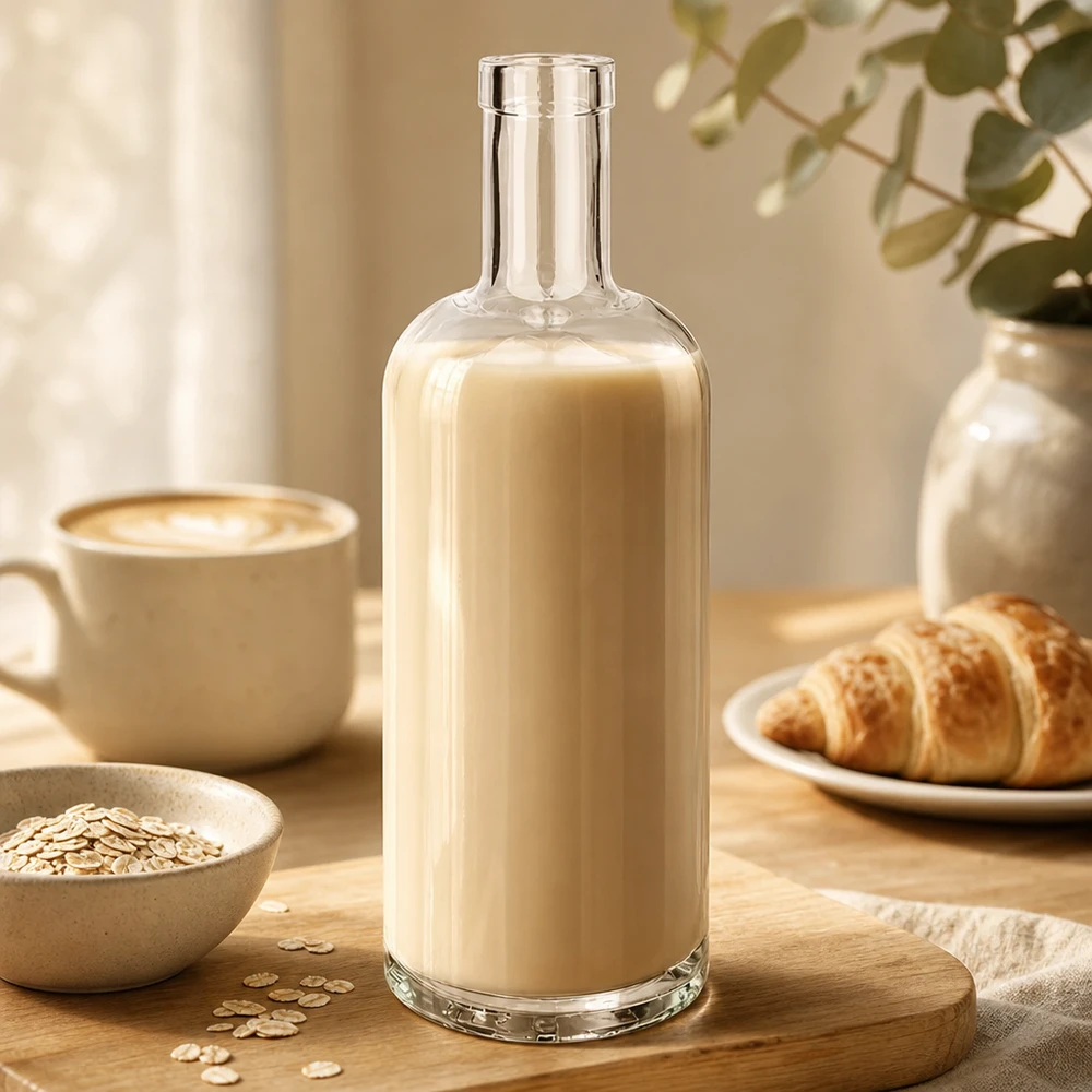 750 ml glasflaska Emma utan lock UNiTWIST® 750 ml glasflaska Emma fylld med beige havremjölk bredvid kaffekopp, croissant och havregryn på träbord