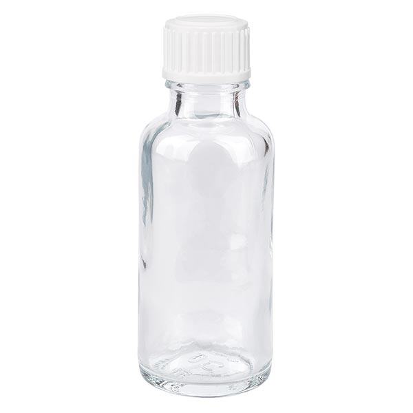Apoteksflaska klar 30ml skruvlock vit globules standard Apoteksflaska klar 30ml skruvlock vit globules standard