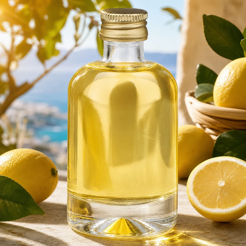 40 ml glasflaska Sara fylld med gult innehåll mellan citroner - produktfoto med medelhavsstämning