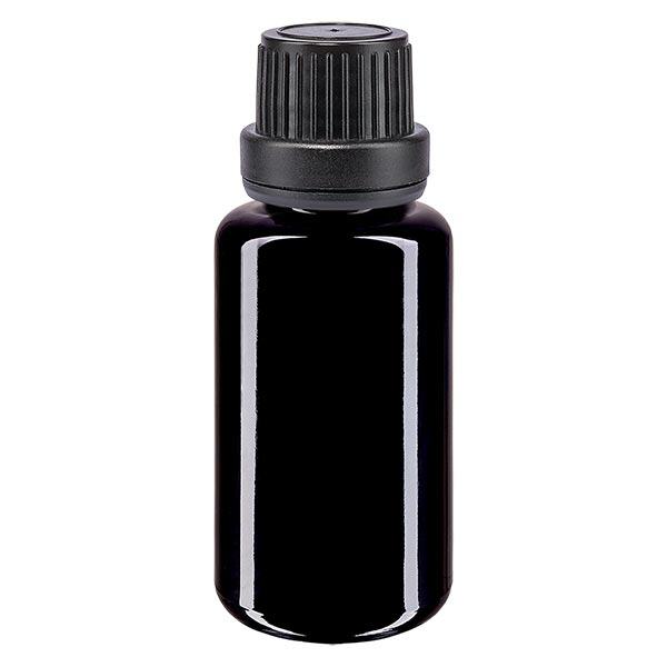Apoteksflaska violett 20 ml dropplock hällring 2mm svart manipuleringssäker stängning Apoteksflaska violett 20 ml dropplock hällring 2mm svart manipuleringssäker stängning