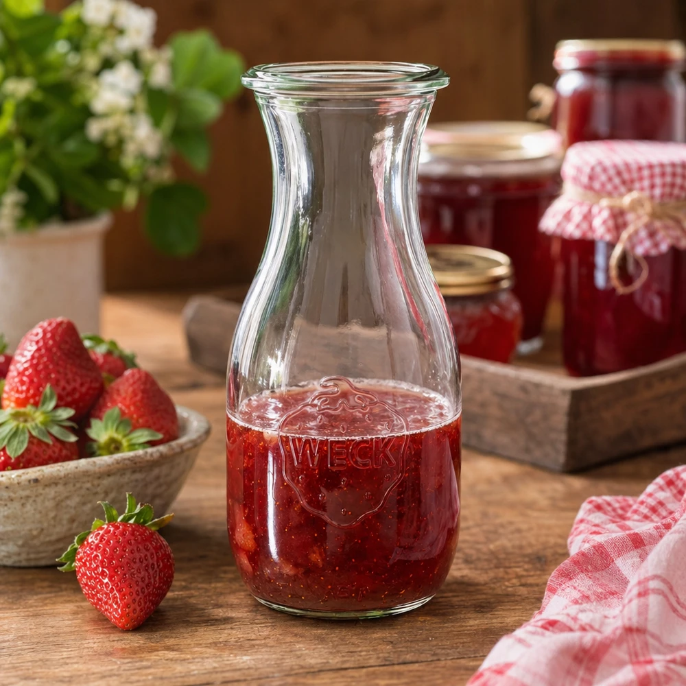 530 ml juiceflaska WECK RR60 WECK juiceflaska 530ml RR60 fylld med jordgubbsjuice bredvid syltburkar och rutig kökshandduk rustikt inredd