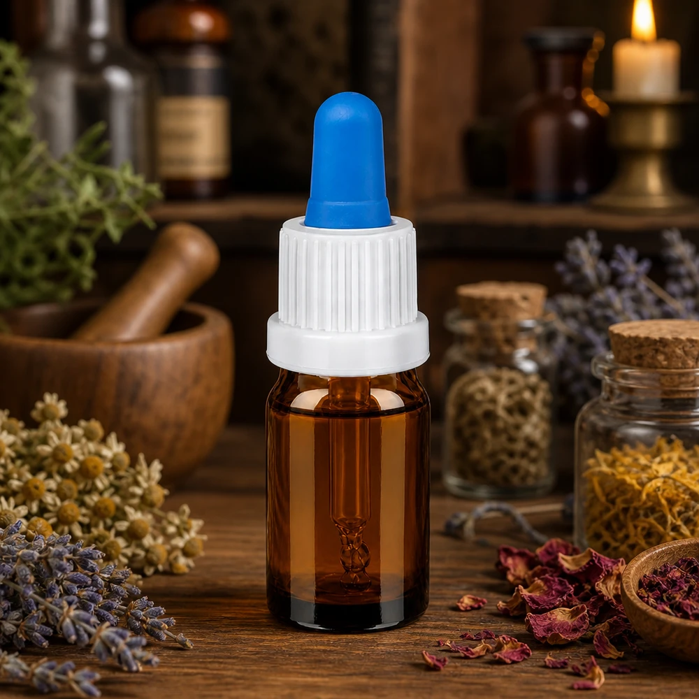 Högkvalitativ pipettflaska 5 ml av UV-skyddande bärnstensfärgat glas med ergonomiskt dropplock
